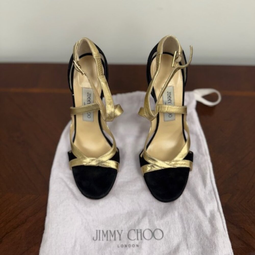 Jimmy Choo Black Suede Gold Strap Heels
